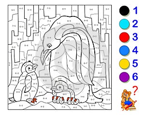 Math education for children. Coloring book. Mathematical exercises on addition and subtraction. Solve examples and paint penguins.