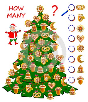 Math education for children. Count cakes quantity in Christmas tree. Write numbers in circles. Developing counting skills.