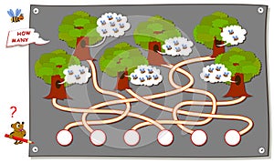 Math education for children. Count the quantity of bees in each hollow and write numbers in circles. IQ test. Logic puzzle game