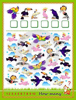 Math education for children. Count quantity of birds and write the numbers. Developing counting skills.