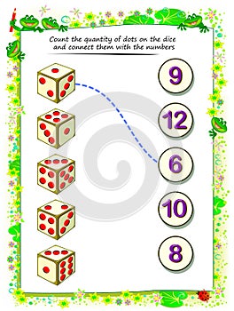 Math education for children. Count the quantity of dots on dice and connect them with numbers. Exercise on addition.