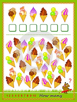 Math education for children. Count quantity of ice creams and write numbers. Developing counting skills.