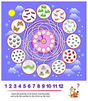 Math education for children. Count quantity of insects. Find path and write numbers on clock. Worksheet for school textbook.