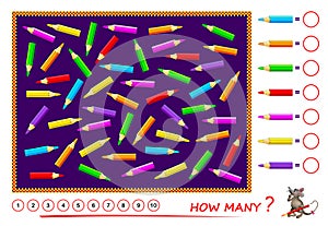 Math education for children. Count quantity of pencils and write numbers in circles. Developing counting skills.