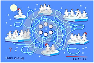 Math education for children. Count the quantity penguins on an each block of ice and write the numbers. Logic puzzle game with