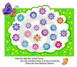 Math education for children. Help the little bee collect honey. Join the numbers from 1 to 20 successively. Draw the lines between