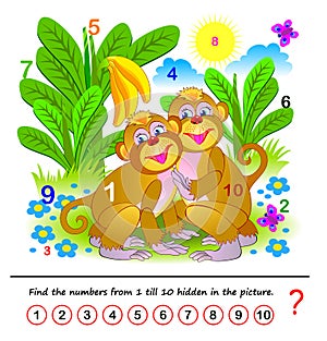 Math education for children. Logic puzzle game. Find the numbers from 1 till 10 hidden in the picture. Developing counting skills.