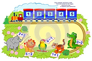 Math education for children. Logic puzzle game for kids. Solve examples and draw a path from each animal to the wagon. Play online