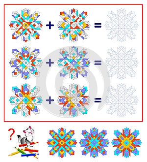 Math education for children. Printable worksheet for kids. Logic puzzle game. Coloring book. Solve examples and paint the ornament