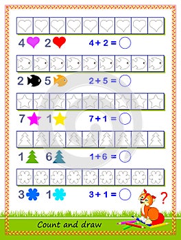 Math education for children. Solve examples and paint the objects in corresponding colors. Write the numbers. Worksheet for school