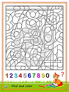 Math education for kids. Logic puzzle game. Find and paint the numbers from 1 to 0. Coloring book. Printable worksheet. photo