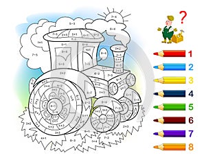 Math education for little children. Coloring book. Mathematical exercises on addition and subtraction. Solve examples and paint