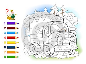 Math education for little children. Coloring book. Mathematical exercises on addition and subtraction. Solve examples and paint