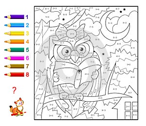 Math education for little children. Coloring book. Mathematical exercises on addition and subtraction. Solve examples and paint