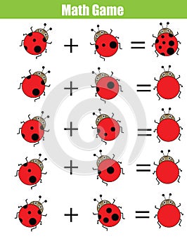 Math educational counting game for children, addition worksheet. Calculate the ladybug dots