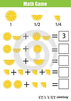 Math educational counting game for children, addition worksheet. photo