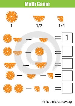 Math educational counting game for children, subtraction worksheet. Learning fractions