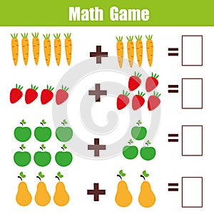 Math educational game for children, addition mathematics worksheet