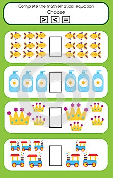 Math educational game for children. Complete the mathematical equation task, choose more, less or equal