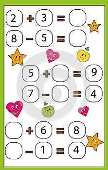 Math educational game for children. Learning counting and algebra kids activity. Complete the mathematical equation