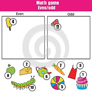 Math educational game for children. Learning even and odd numbers. Mathematics kids activity