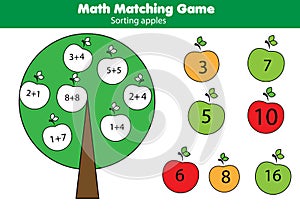 Math educational game for children. Matching mathematics activity. Counting game for kids, addition photo