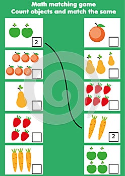 Math educational game for children. Matching mathematics activity. Counting game for kids