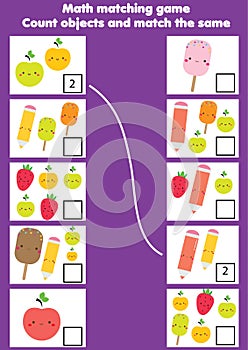 Math educational game for children. Matching mathematics activity. Counting game for kids