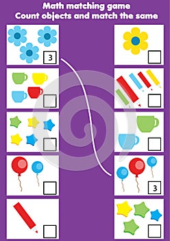 Math educational game for children. Matching mathematics activity. Counting game for kids