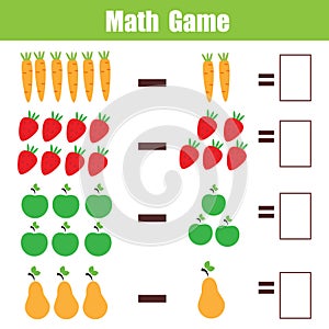 Math educational game for children, subtraction mathematics worksheet