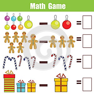 Math educational game for children, subtraction worksheet, christmas theme