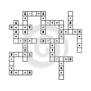 Math educational game for preschool and school age children. Solve the crossword. Numbers. Addition and subtraction