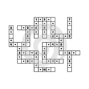 Math educational game for preschool and school age children. Solve the crossword. Numbers. Multiplication. Puzzle page.