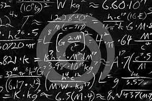 Math equations and formula written in chalk on messy chalkboard or blackboard background. School or scientific research concept