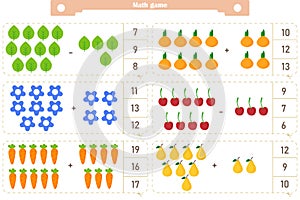 Math game for children. Addition and subtraction. The score is 1-20. Find the correct answer