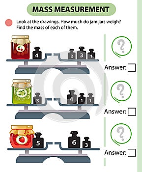 Math game, education game for children. Mass measurement. Scales. How much do jam jars weight? Solve the examples. Logic puzzle