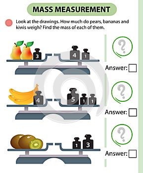 Math game, education game for children. Mass measurement. Scales. How much do pears, bananas and kiwis weight? Logic puzzle for