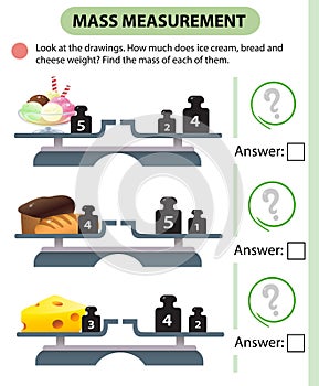 Math game, education game for children. Mass measurement. Scales. How much does ice cream, bread and cheese weight? Logic puzzle