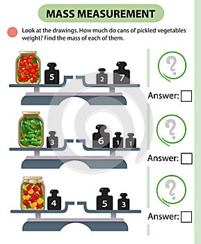 Math game, education game for children. Mass measurement. Scales. Solve the examples. Logic puzzle for kids. Worksheet vector