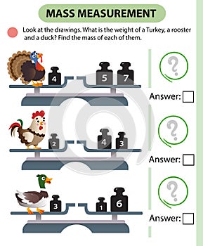 Math game, education game for children. Mass measurement. Scales. Solve the examples. Logic puzzle for kids. Worksheet vector