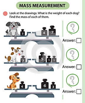 Math game, education game for children. Mass measurement. Scales. Solve the examples. Logic puzzle for kids. Worksheet vector