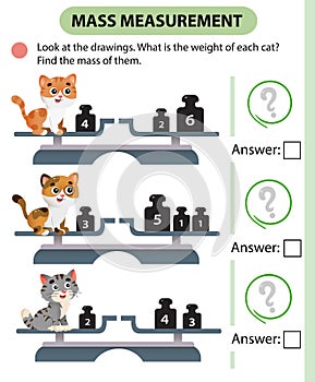 Math game, education game for children. Mass measurement. Scales. Solve the examples. Logic puzzle for kids. Worksheet vector