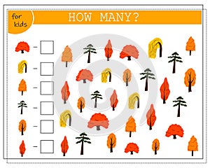 Math game for kids. Count how many autumn trees there are. Vector isolated on a white background