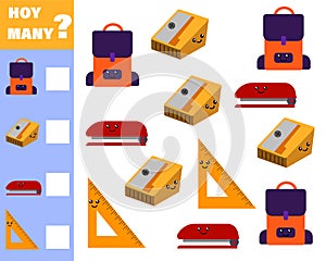 Math game for kids count how many items. Count how many cute cartoon school subjects. Vector