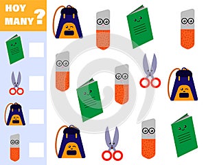 Math game for kids count how many items. Count how many cute cartoon school subjects. Vector