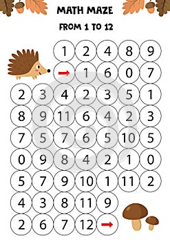 Math game for kids. Cute cartoon hedgehog goes to the mushrooms