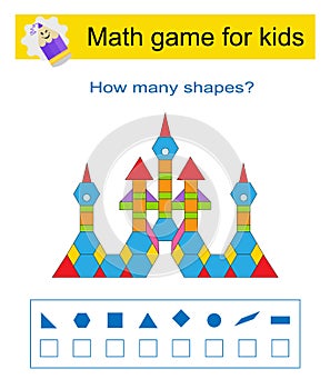 Math game for kids. Developing numeracy skills. How many geometric shapes?