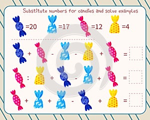 Math game for kids replace candies with numbers, solve an example and write down the answer