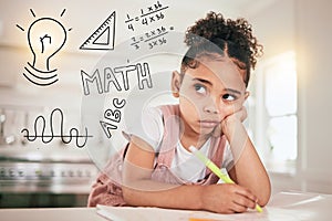 Math homework, education or child thinking of mathematics solution, problem or remote home school. Learning difficulty