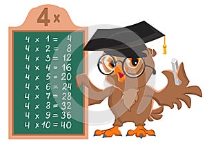 Math lesson multiplication table of 4 by numbers. Owl bird teacher at blackboard shows table of multiplication